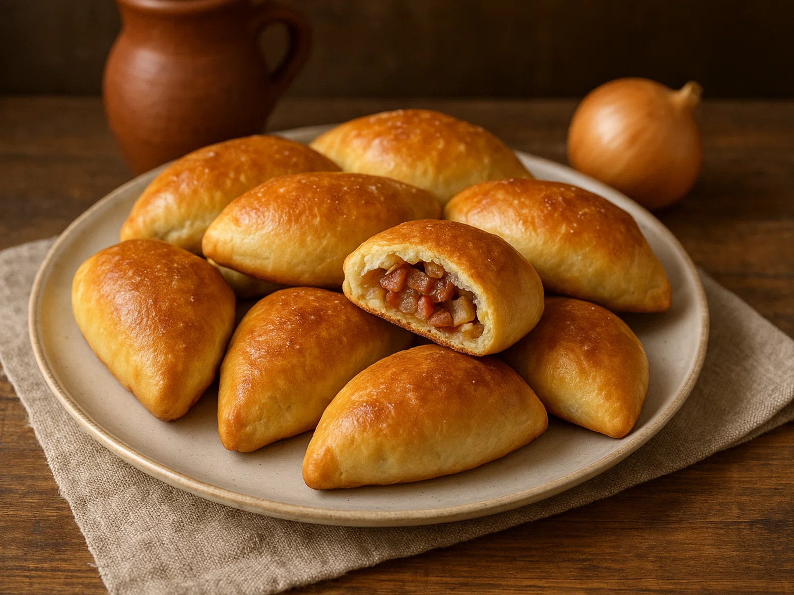 Lettische Pīrādziņi (gefüllte Speck-Zwiebel-Teigtaschen)