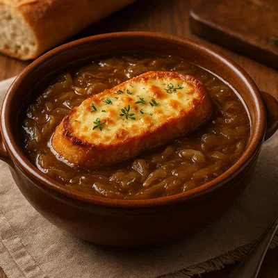 Französische Zwiebelsuppe mit gratiniertem Käsebrot