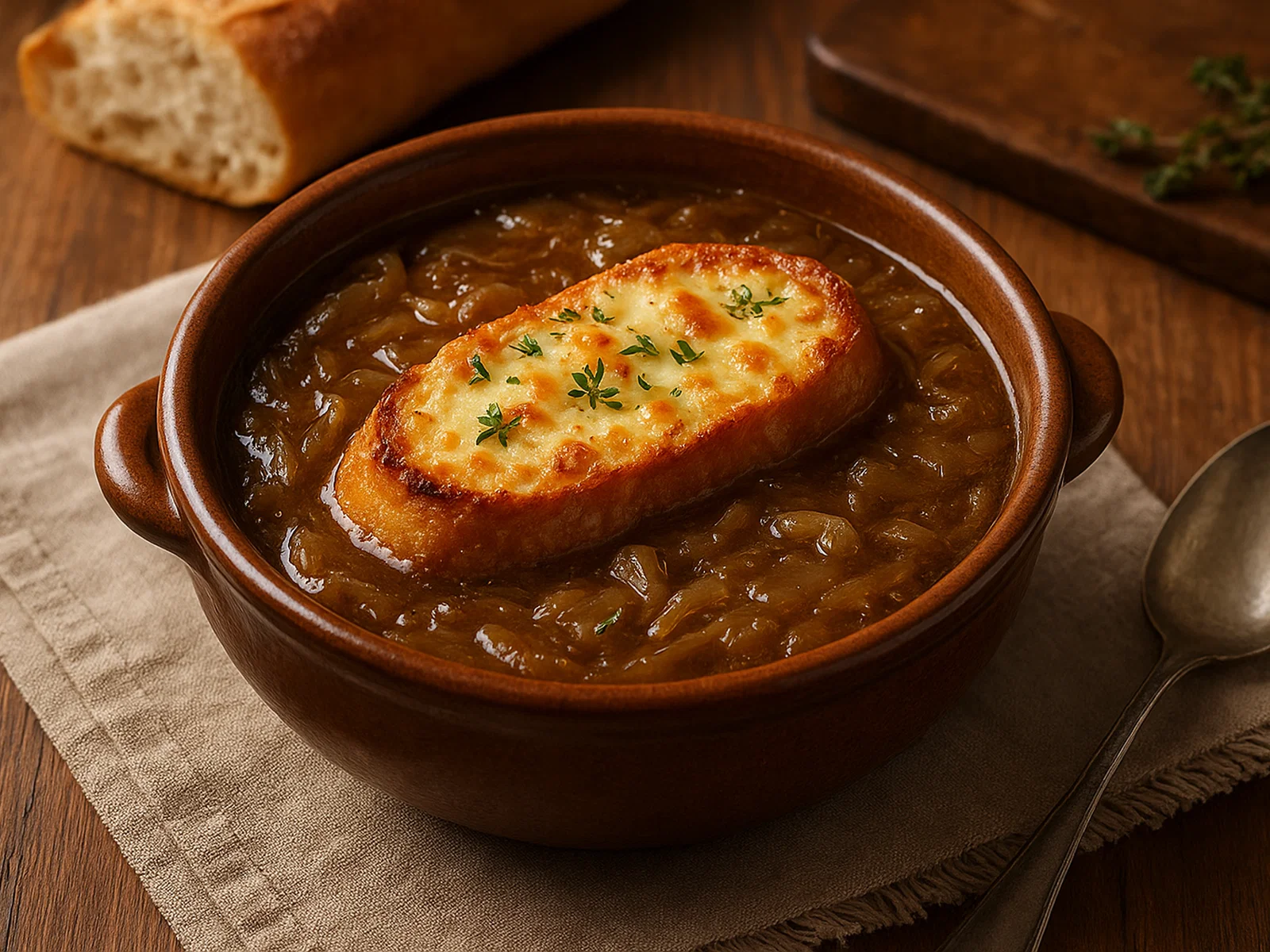 Französische Zwiebelsuppe mit gratiniertem Käsebrot