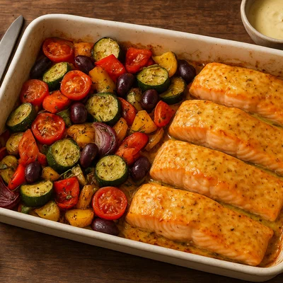 Senf-Honig-Lachs mit mediterranem Ofengemüse