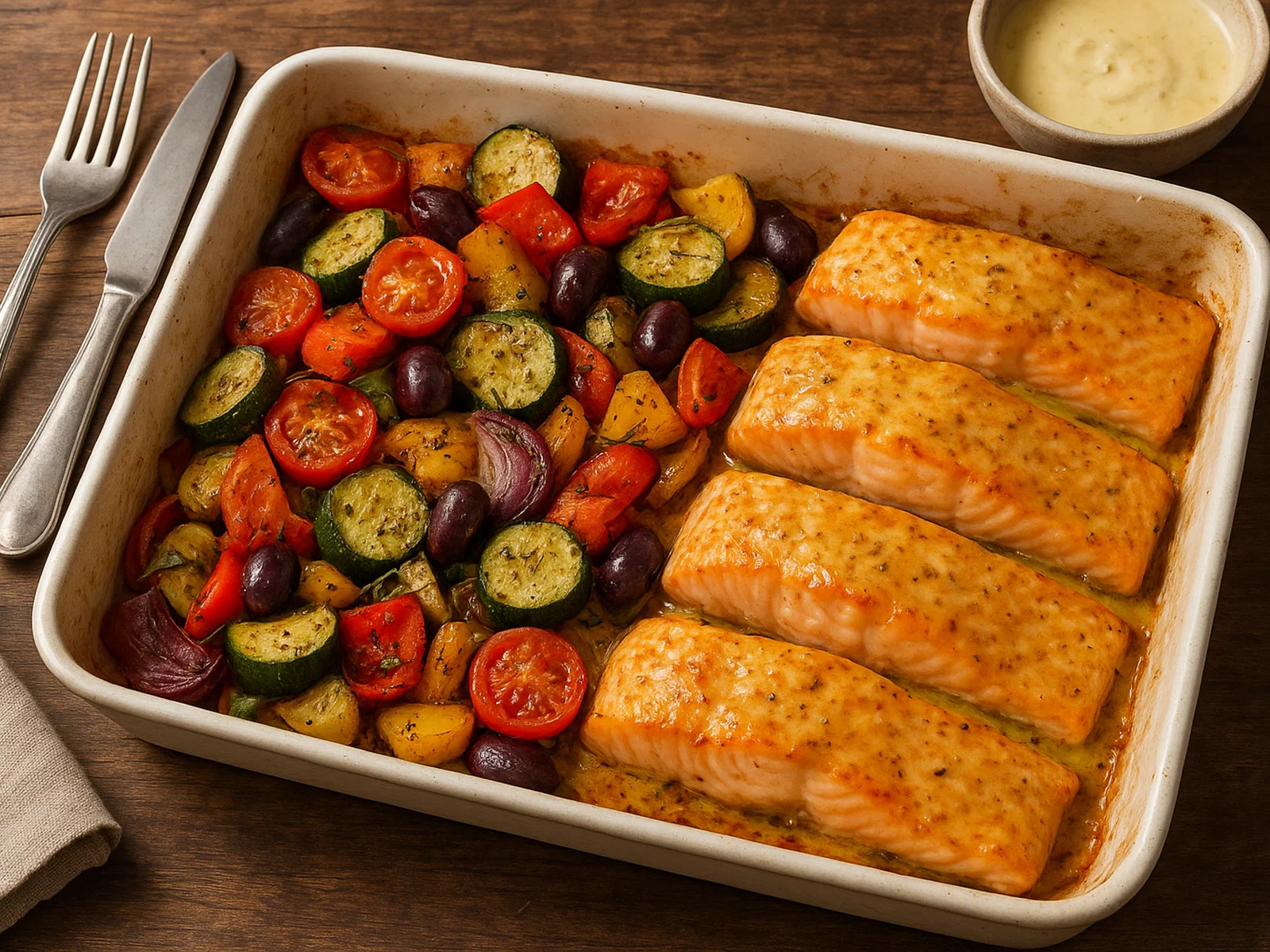 Senf-Honig-Lachs mit mediterranem Ofengemüse
