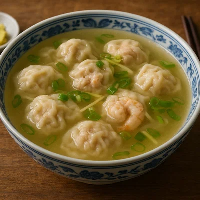 Klassische chinesische Wonton-Suppe mit Schweinefleisch und Garnelen