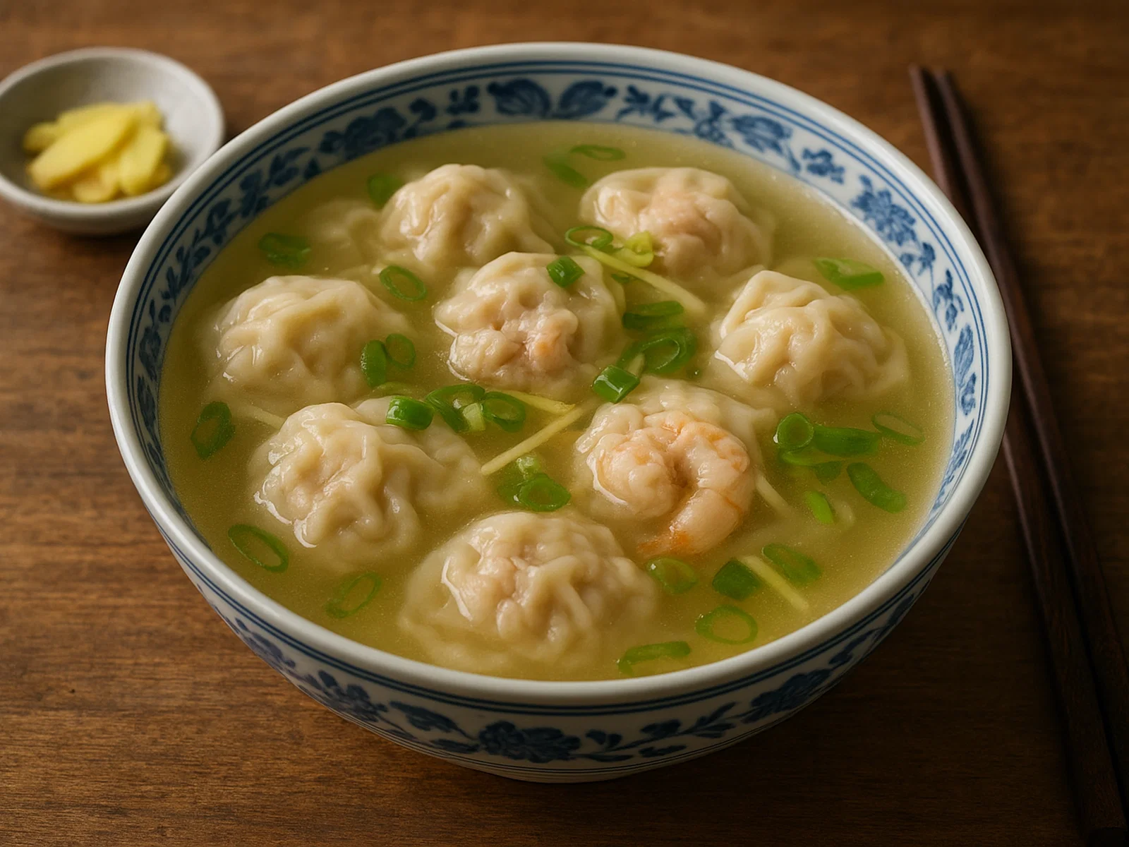 Klassische chinesische Wonton-Suppe mit Schweinefleisch und Garnelen
