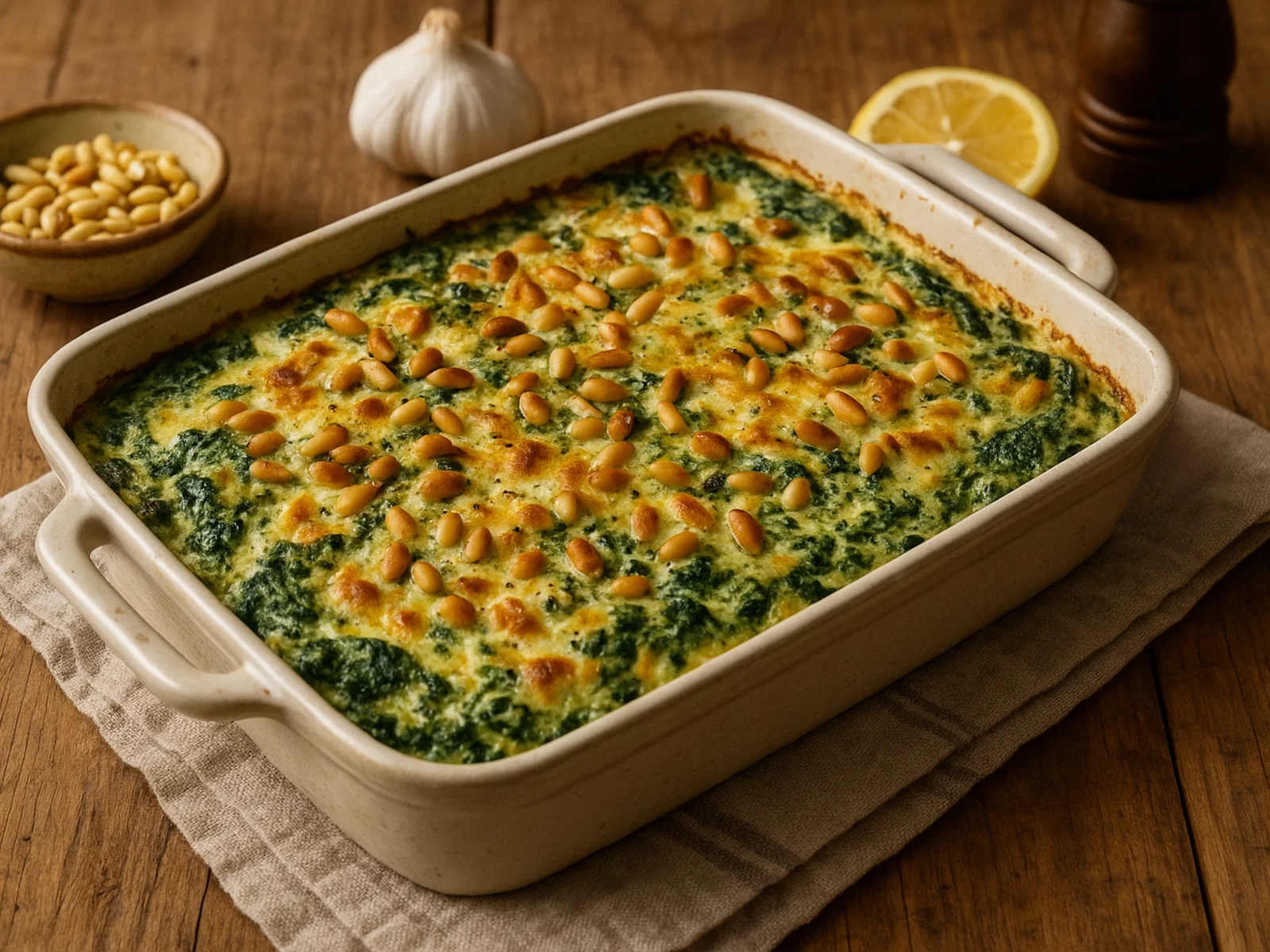 Spinat-Ricotta-Auflauf mit Pinienkernen