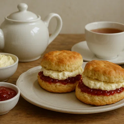 Guernsey Cream Tea mit Scones, Clotted Cream und Erdbeermarmelade
