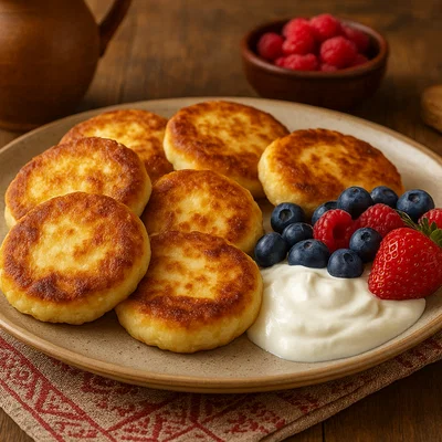 Ukrainische Syrnyky mit saurer Sahne und Beeren