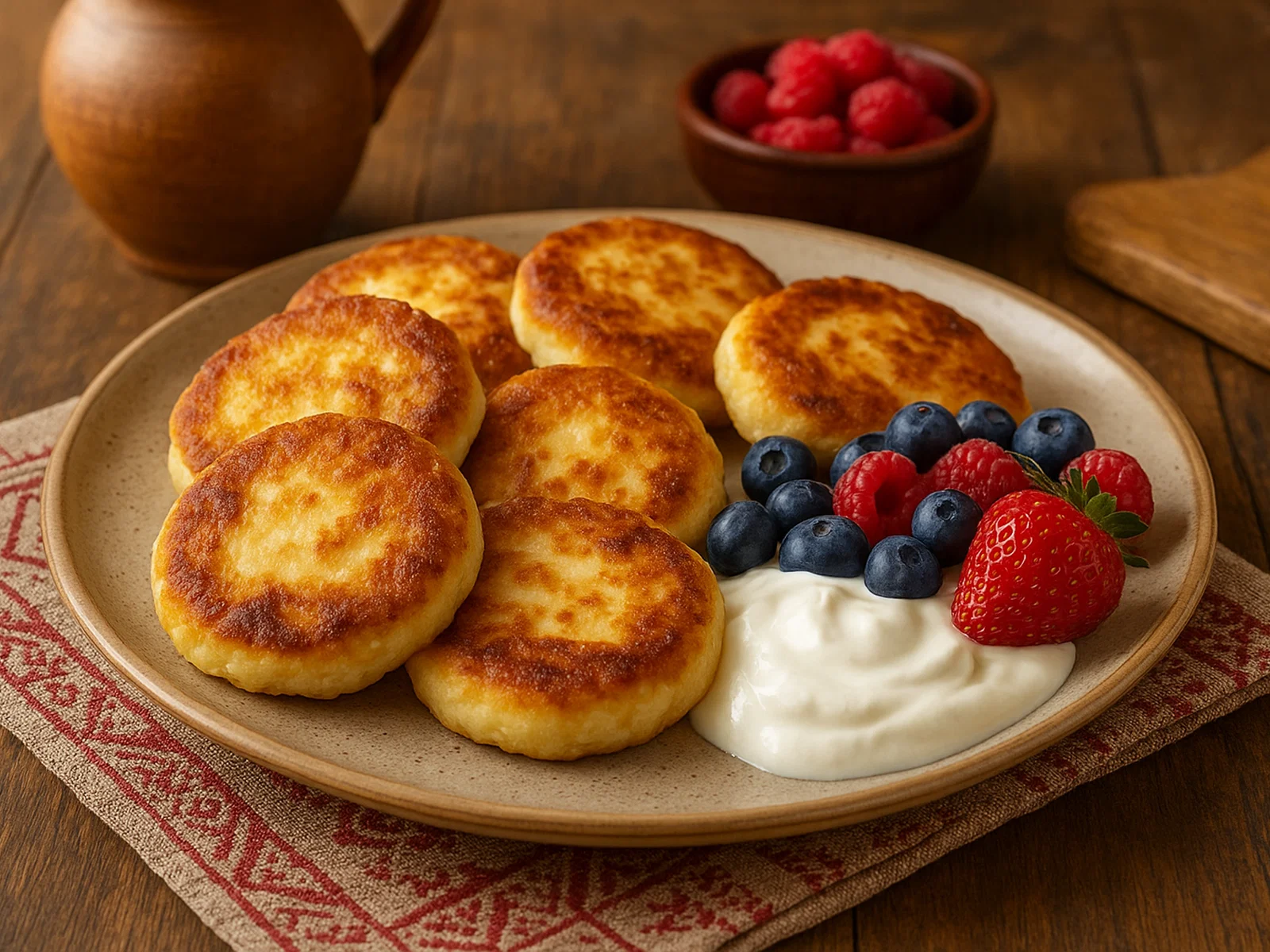 Ukrainische Syrnyky mit saurer Sahne und Beeren