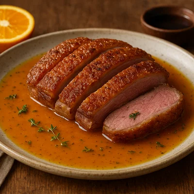 Knusprige Entenbrust mit Orangenjus