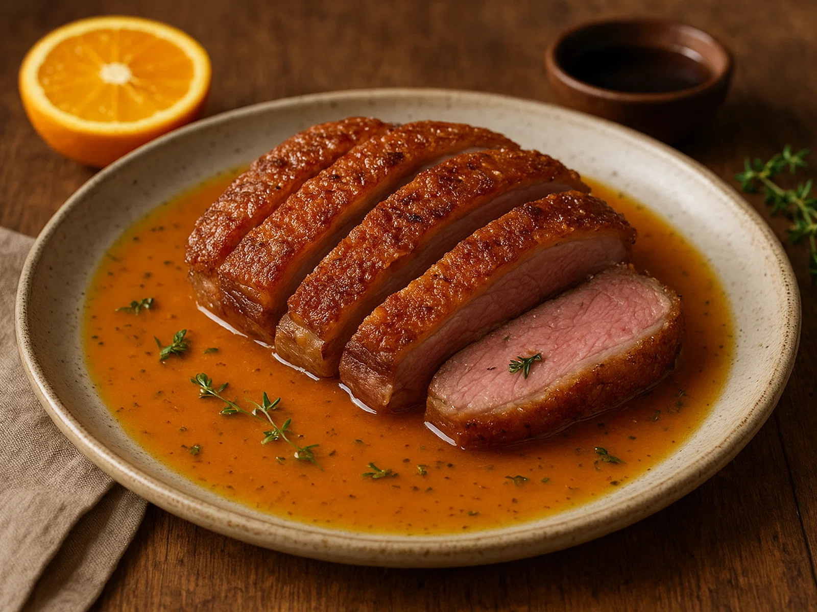 Knusprige Entenbrust mit Orangenjus