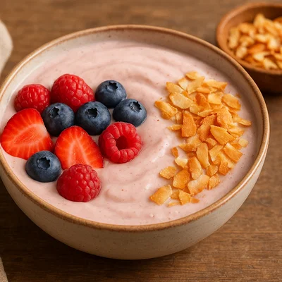 Smoothie-Bowl mit Beeren und Kokosflocken