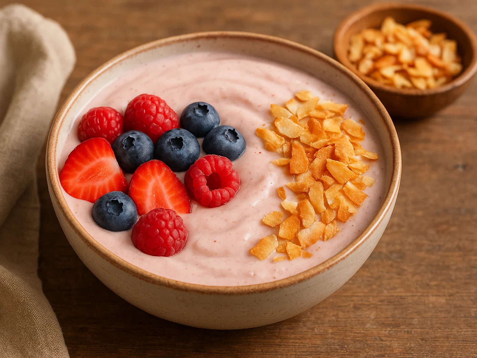 Smoothie-Bowl mit Beeren und Kokosflocken