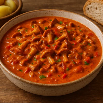 Pfifferling-Gulasch in cremiger Paprika-Tomaten-Sauce