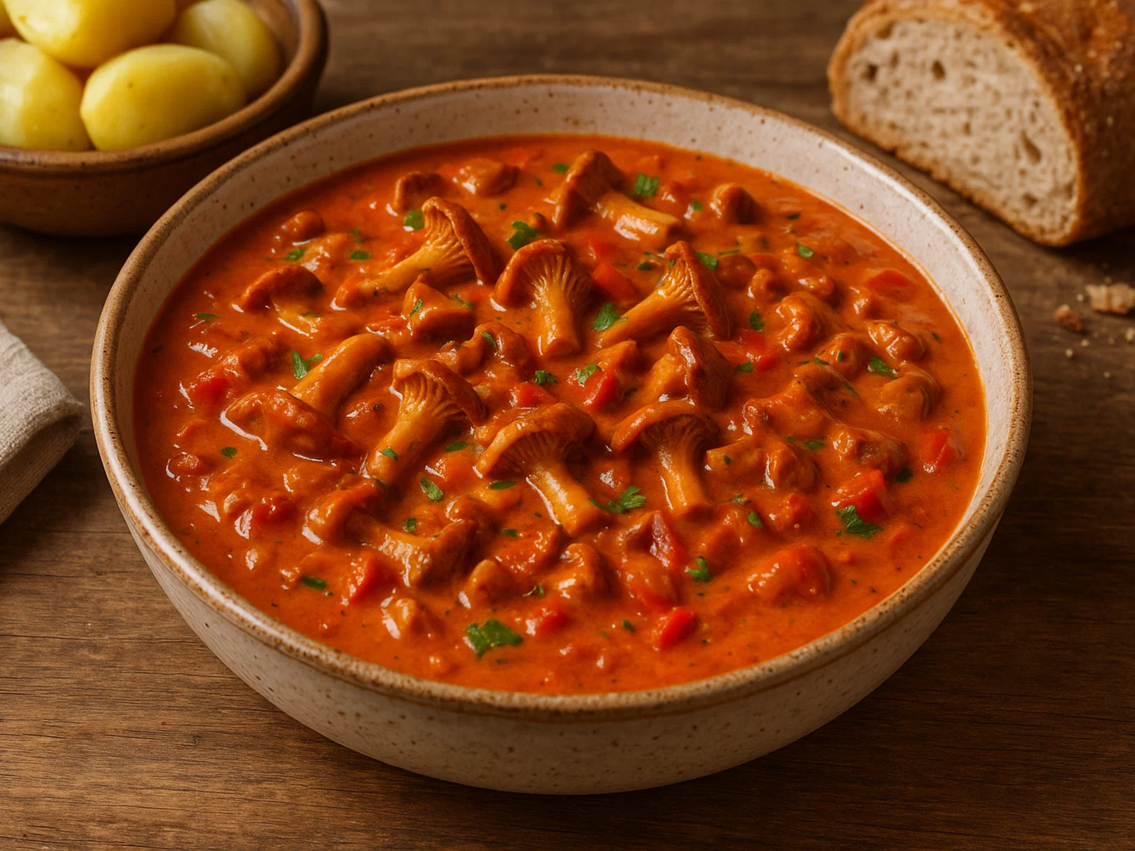 Pfifferling-Gulasch in cremiger Paprika-Tomaten-Sauce