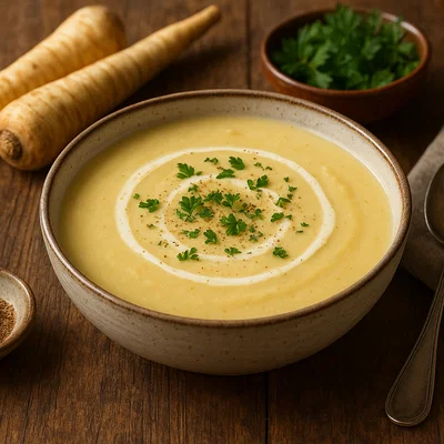 Cremige Pastinakencremesuppe mit Ingwer und Muskat