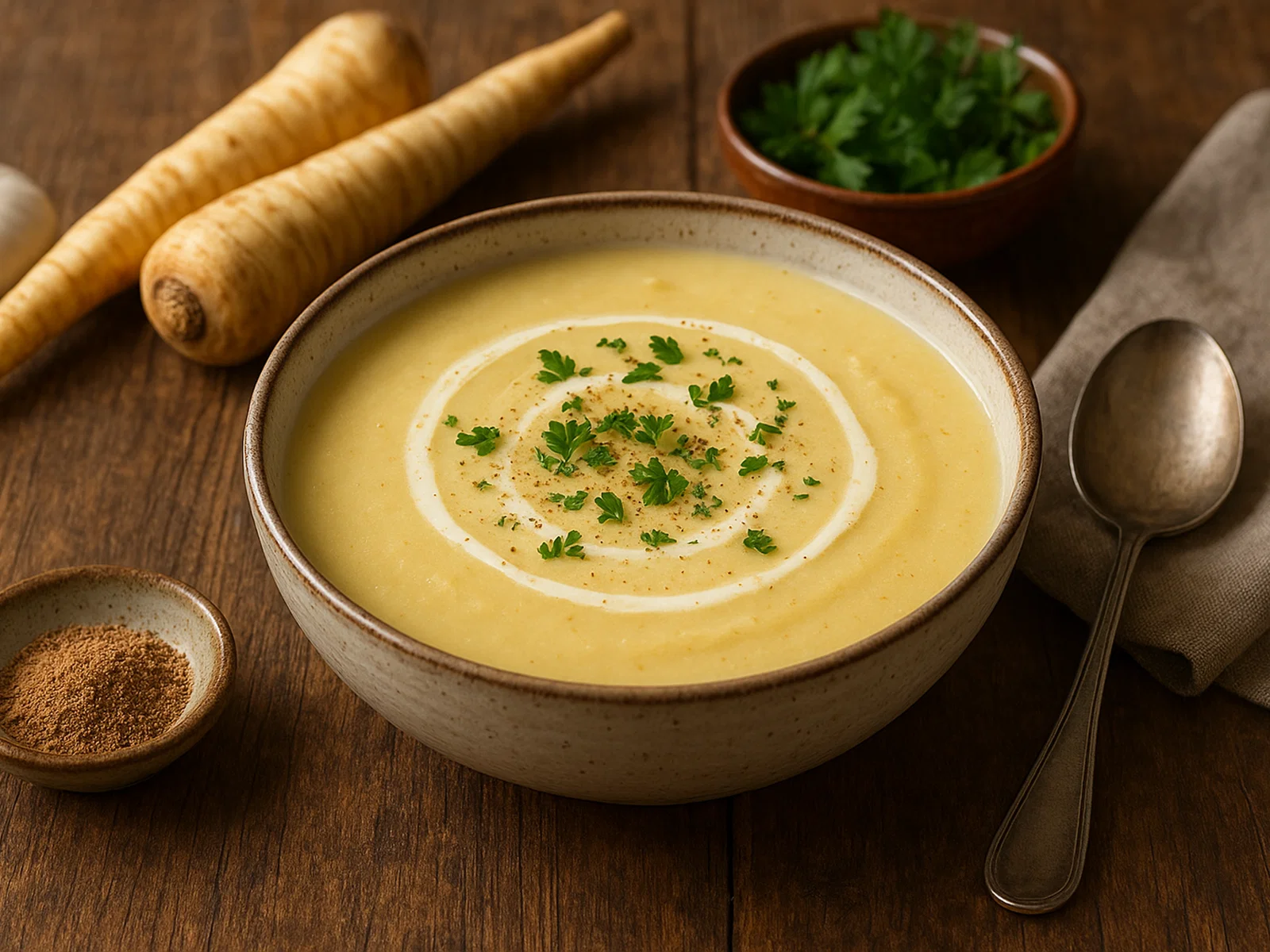 Cremige Pastinakencremesuppe mit Ingwer und Muskat