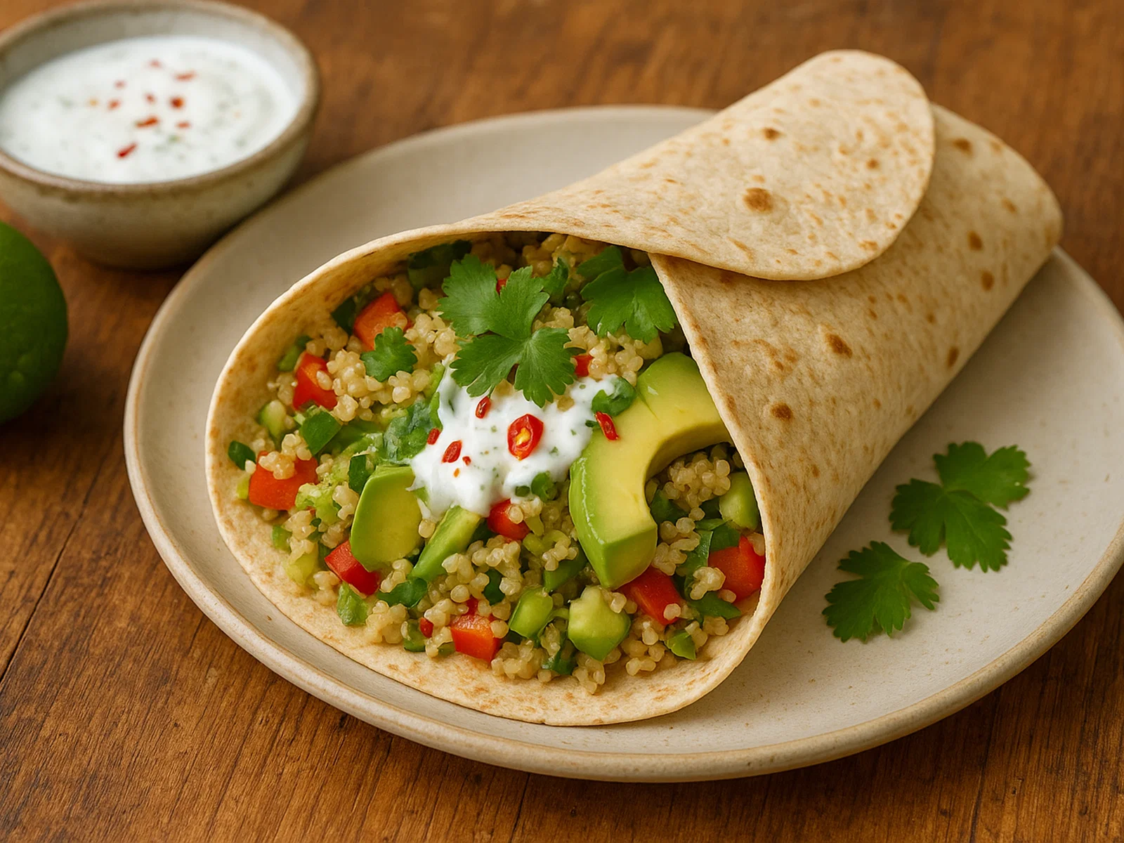 Vegetarischer Quinoa-Avocado-Wrap mit Joghurtdressing