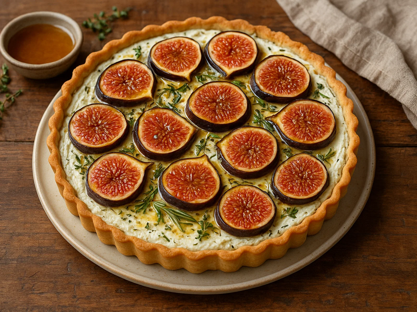 Herzhafte Feigen-Ziegenkäse-Tarte mit Honig und Kräutern