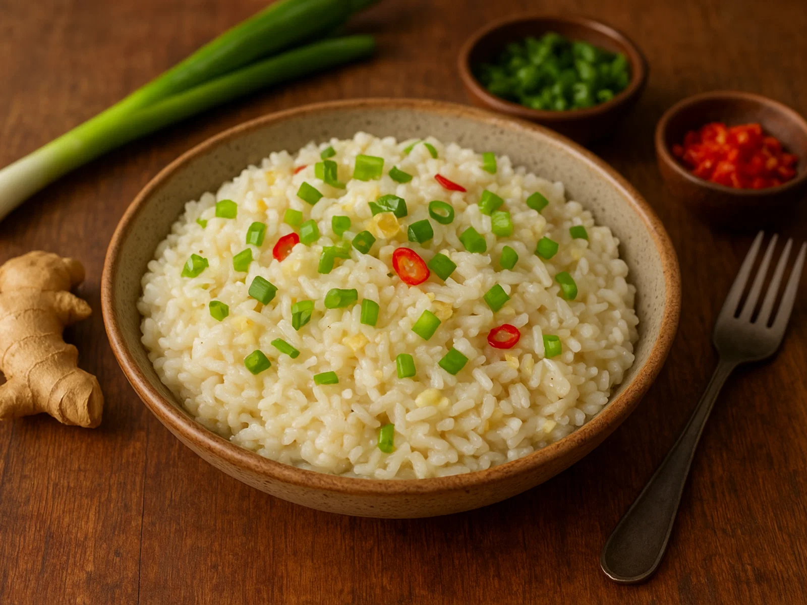 Jamaikanischer Kokosnussreis mit Ingwer und Frühlingszwiebeln