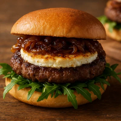 Ziegenkäse-Burger mit karamellisierten Zwiebeln und Rucola