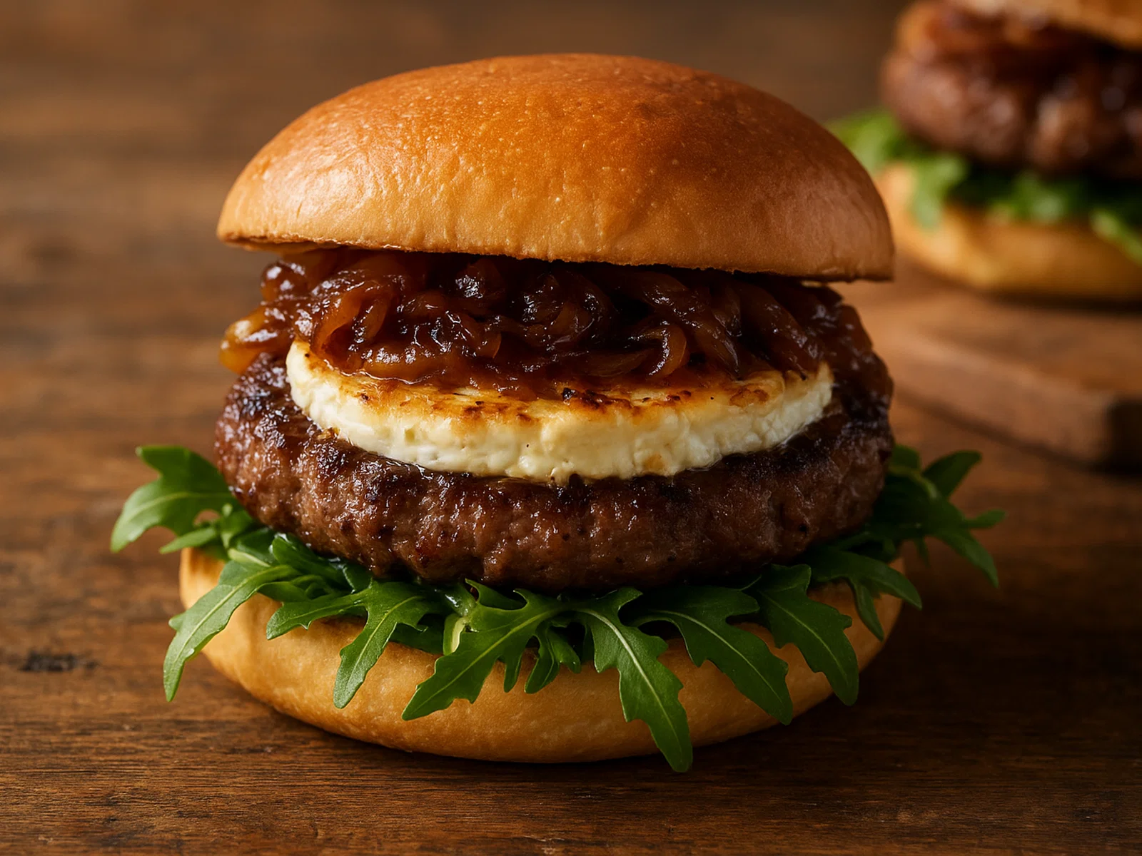 Ziegenkäse-Burger mit karamellisierten Zwiebeln und Rucola