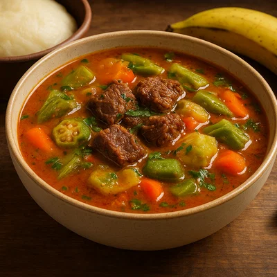 Kamerunische Achu-Suppe mit Fleisch und Gemüse