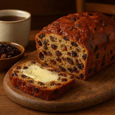 Irisches Barmbrack (Bairín Breac) mit in Tee eingeweichten Früchten