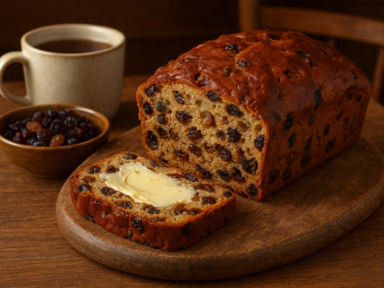 Irisches Barmbrack (Bairín Breac) mit in Tee eingeweichten Früchten