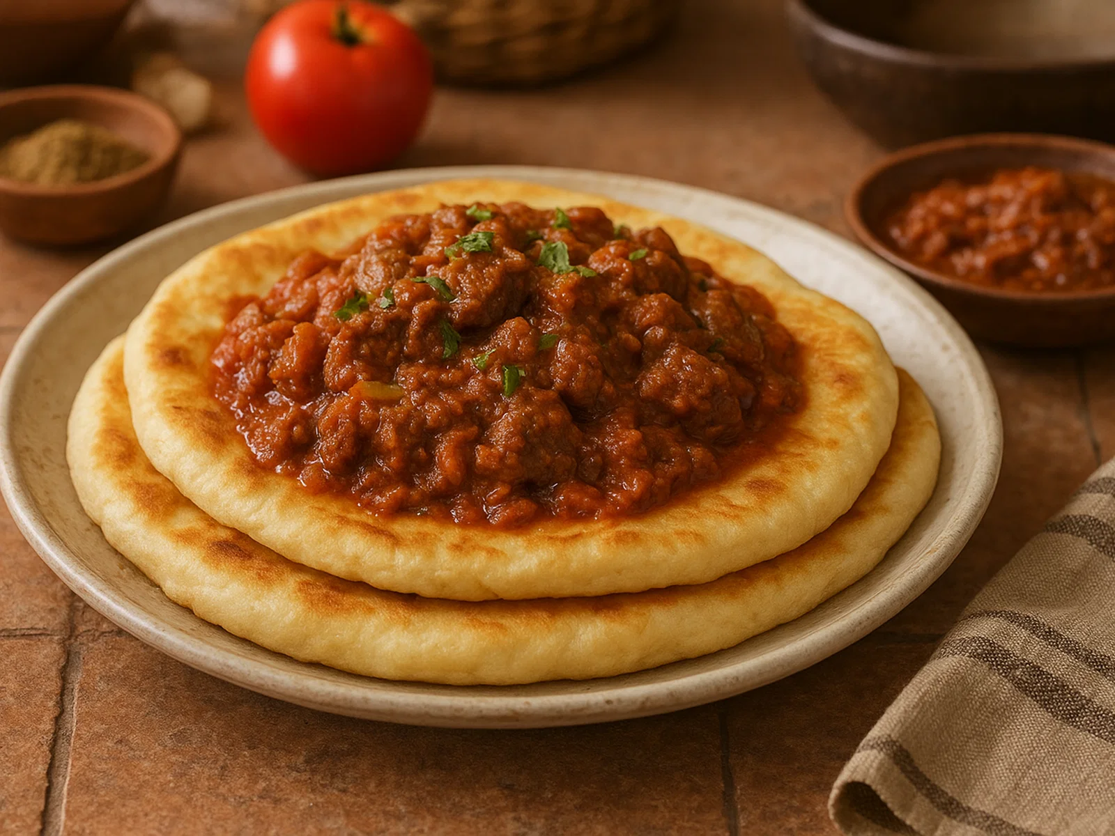 Goraasa be Dama (Sudanesisches Fladenbrot mit Rindfleischsoße)