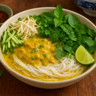 Nom Banh Chok – Kambodschanische Reisnudeln mit Fisch-Curry und frischen Kräutern