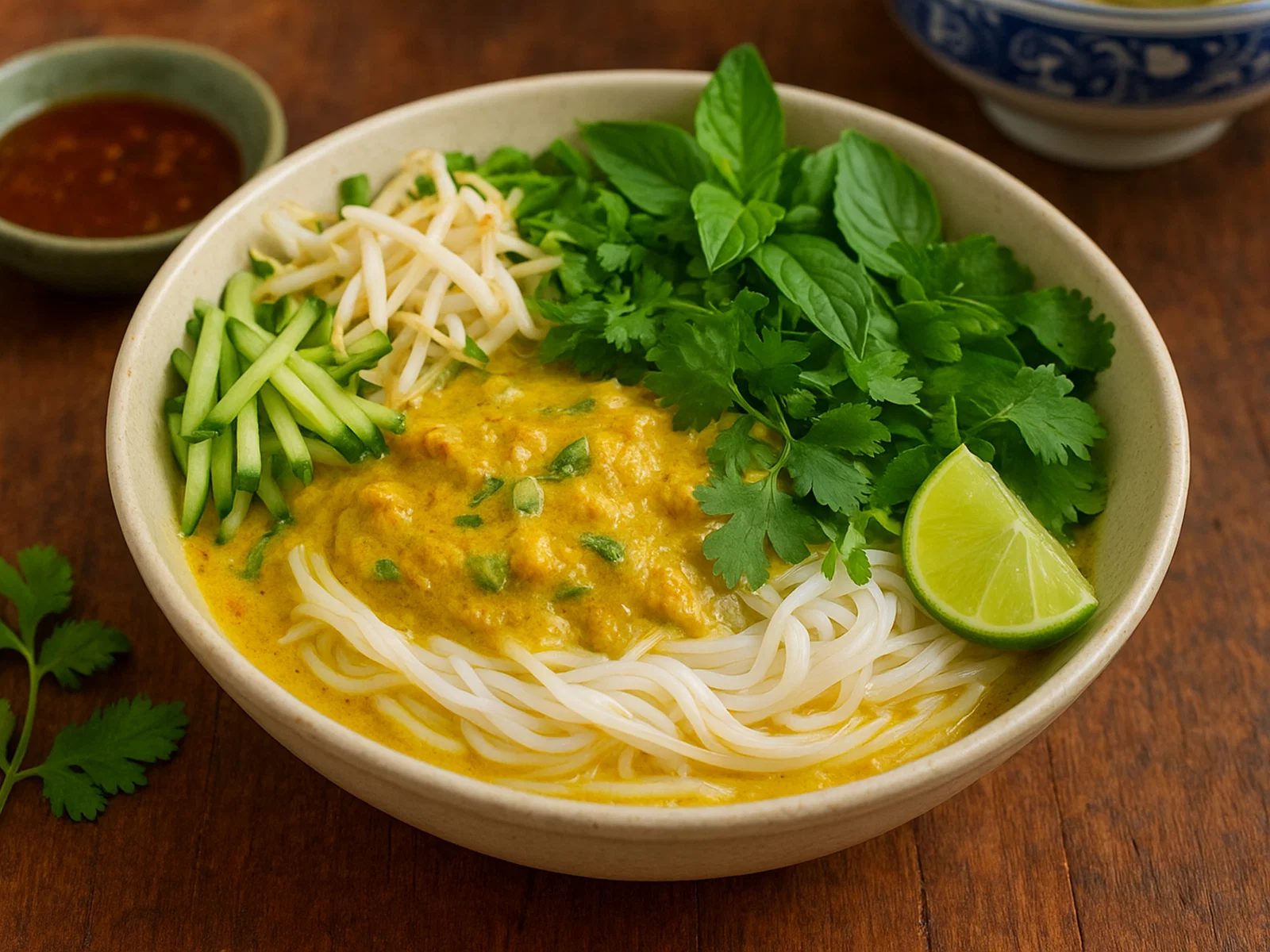 Nom Banh Chok – Kambodschanische Reisnudeln mit Fisch-Curry und frischen Kräutern