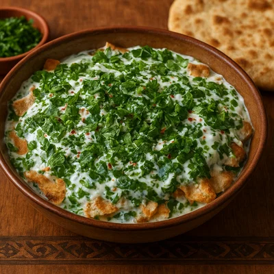 Jemenitischer Shafout mit Joghurt, Kräutern und Fladenbrot