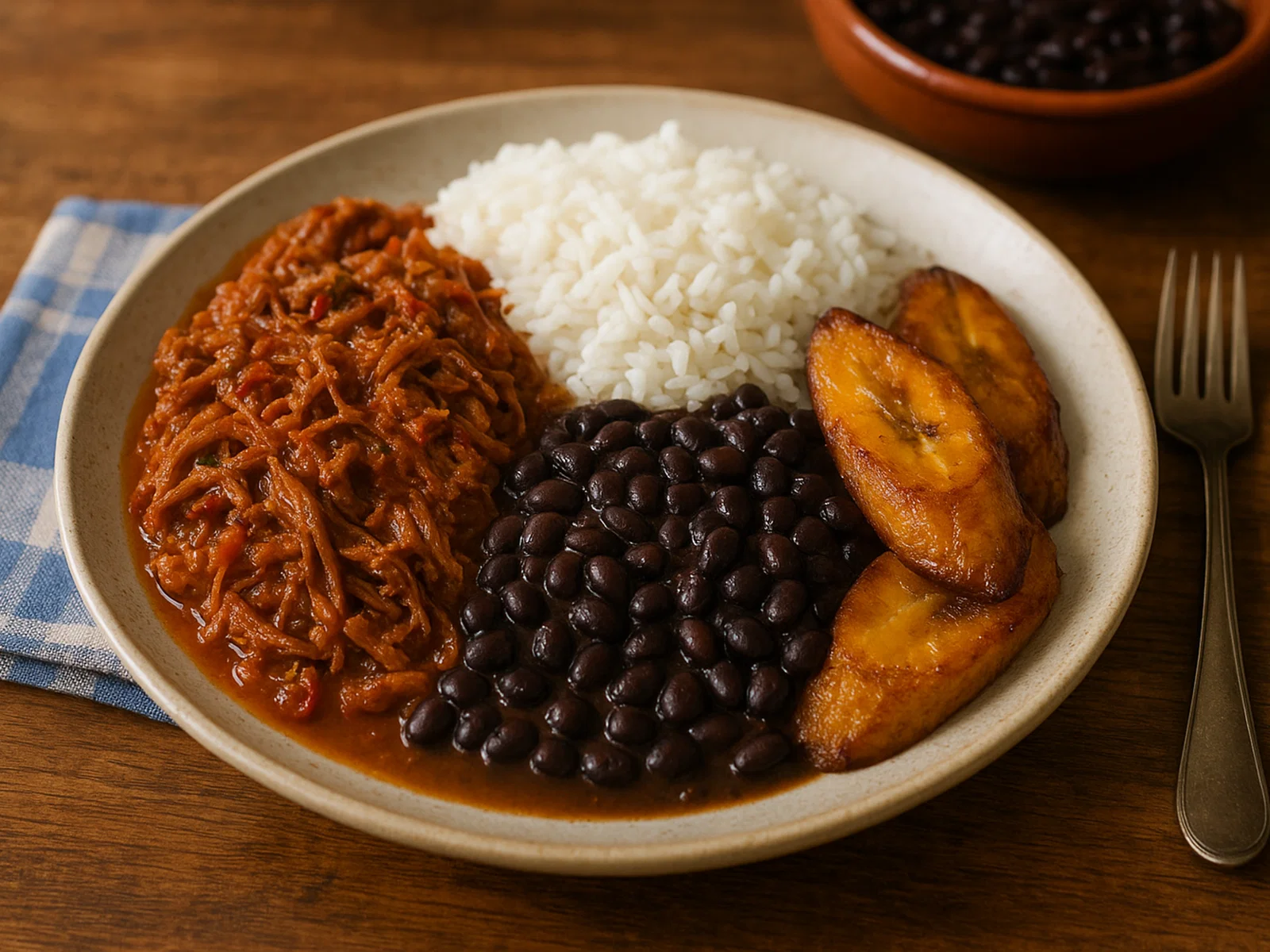 Pabellón Criollo – Venezolanischer Rindfleischteller mit schwarzen Bohnen, Reis und süßen Kochbananen