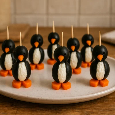 Pinguin-Spieße mit Oliven, Frischkäse und Karotten