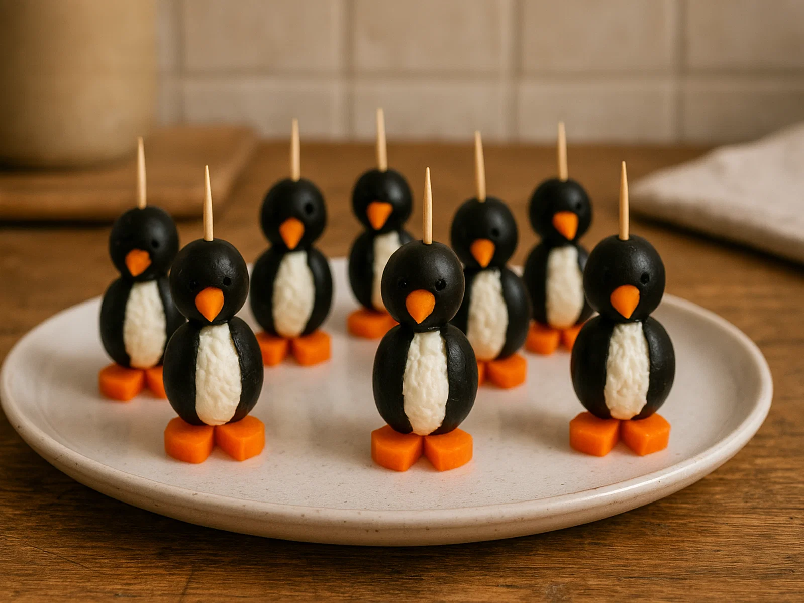 Pinguin-Spieße mit Oliven, Frischkäse und Karotten