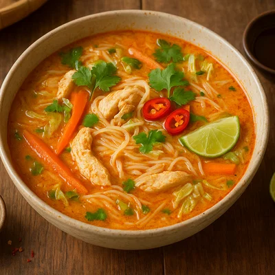 Khao Poon – Laotische Kokos-Currysuppe mit Hühnchen und Reisnudeln