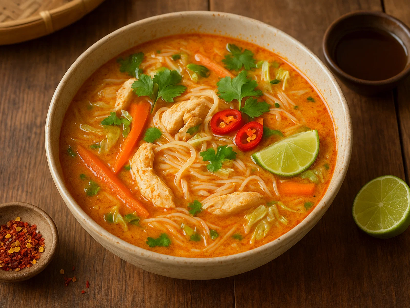 Khao Poon – Laotische Kokos-Currysuppe mit Hühnchen und Reisnudeln
