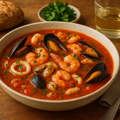 Aromatische Meeresfrüchtesuppe mit Weißwein und Tomaten