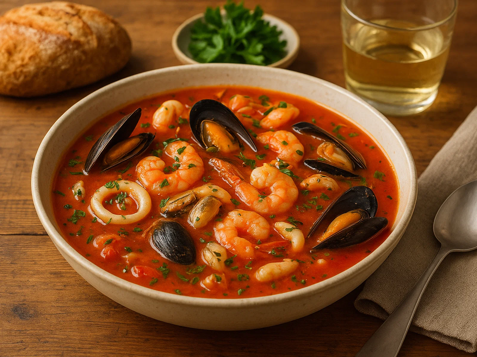 Aromatische Meeresfrüchtesuppe mit Weißwein und Tomaten