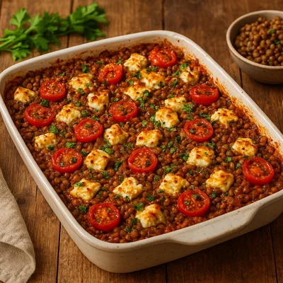 Würziger Linsenauflauf mit Tomaten und Feta