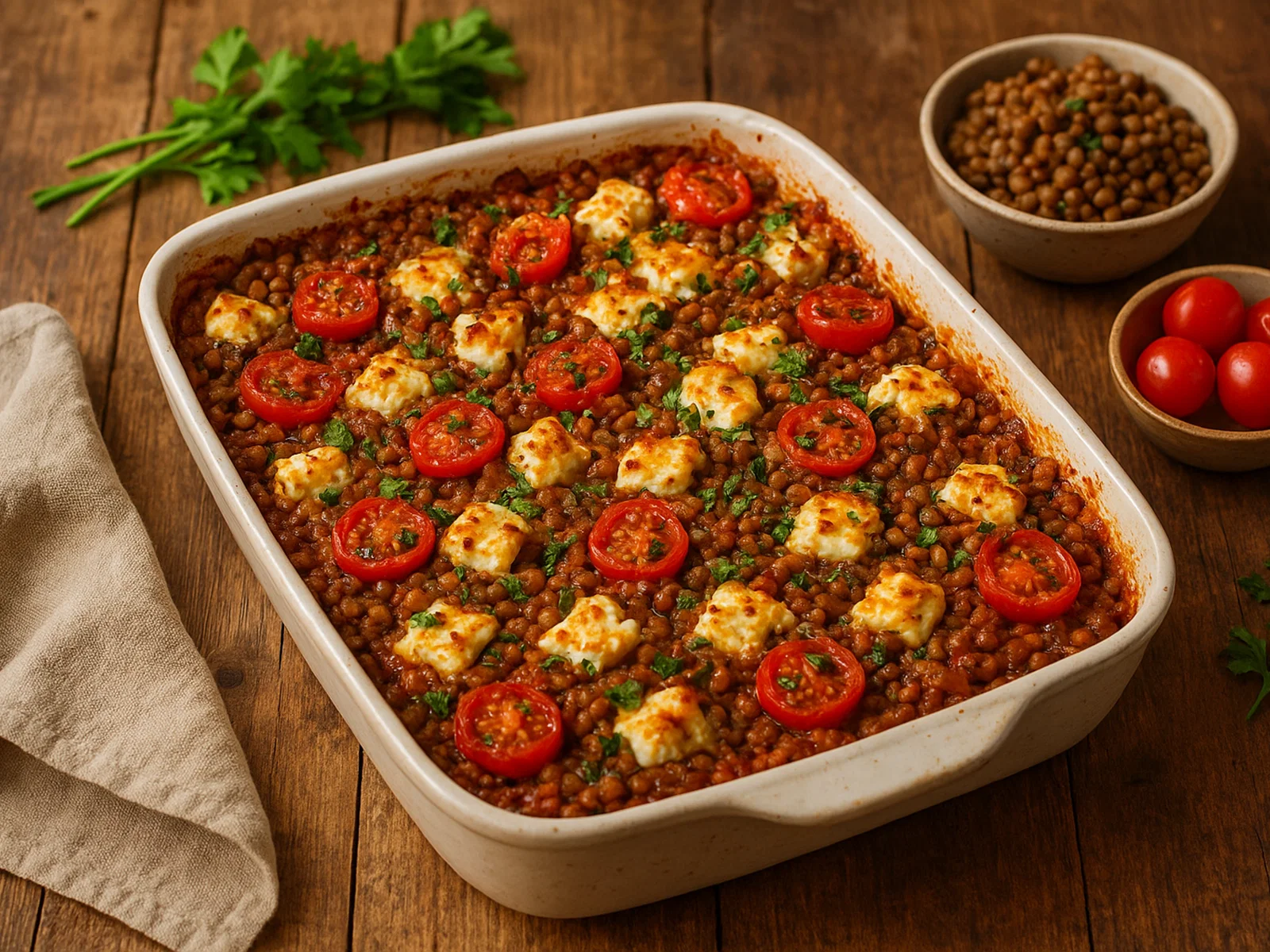 Würziger Linsenauflauf mit Tomaten und Feta
