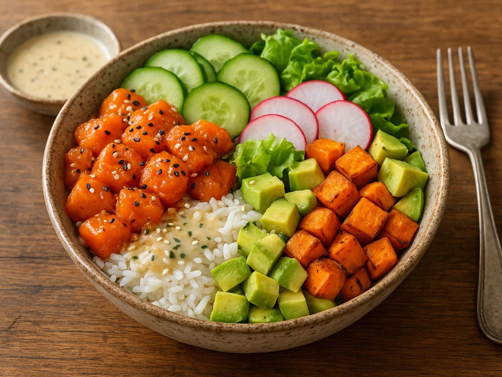 Poke Kaukau mit Lachs und Süßkartoffel