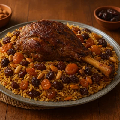 Arabisches Ghoozi mit Lamm, Gewürzreis, Nüssen und Trockenfrüchten