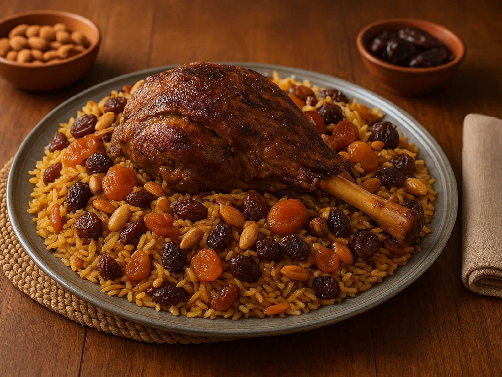 Arabisches Ghoozi mit Lamm, Gewürzreis, Nüssen und Trockenfrüchten