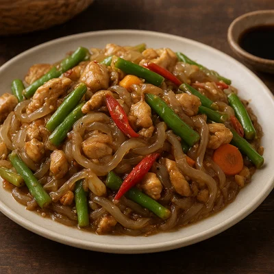 Ambuyat Goreng (Gebratener Ambuyat mit Gemüse und Huhn)