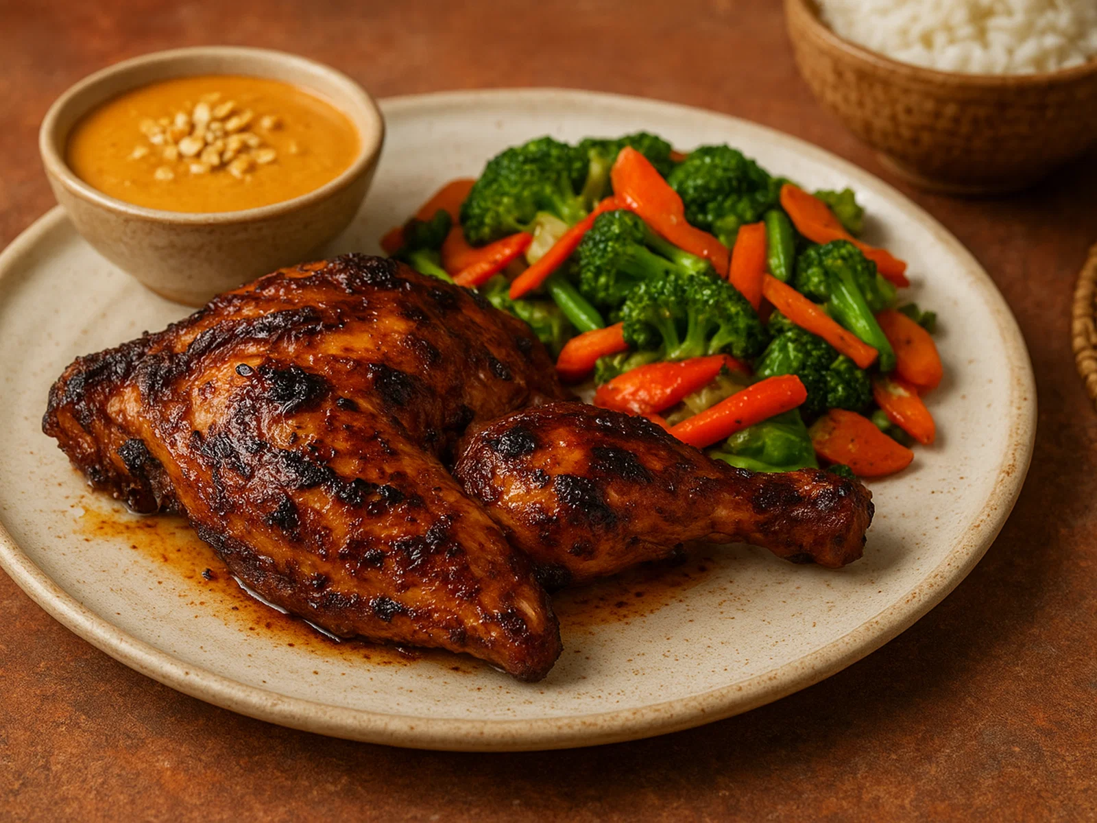 Fai Kai – Thai-Grillhähnchen mit Gemüse und würziger Erdnusssauce