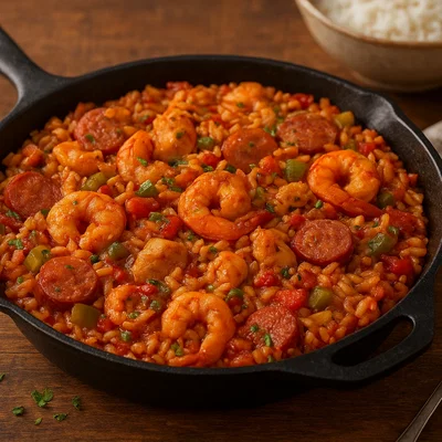 Kreolische Jambalaya mit Hähnchen, Garnelen und Wurst