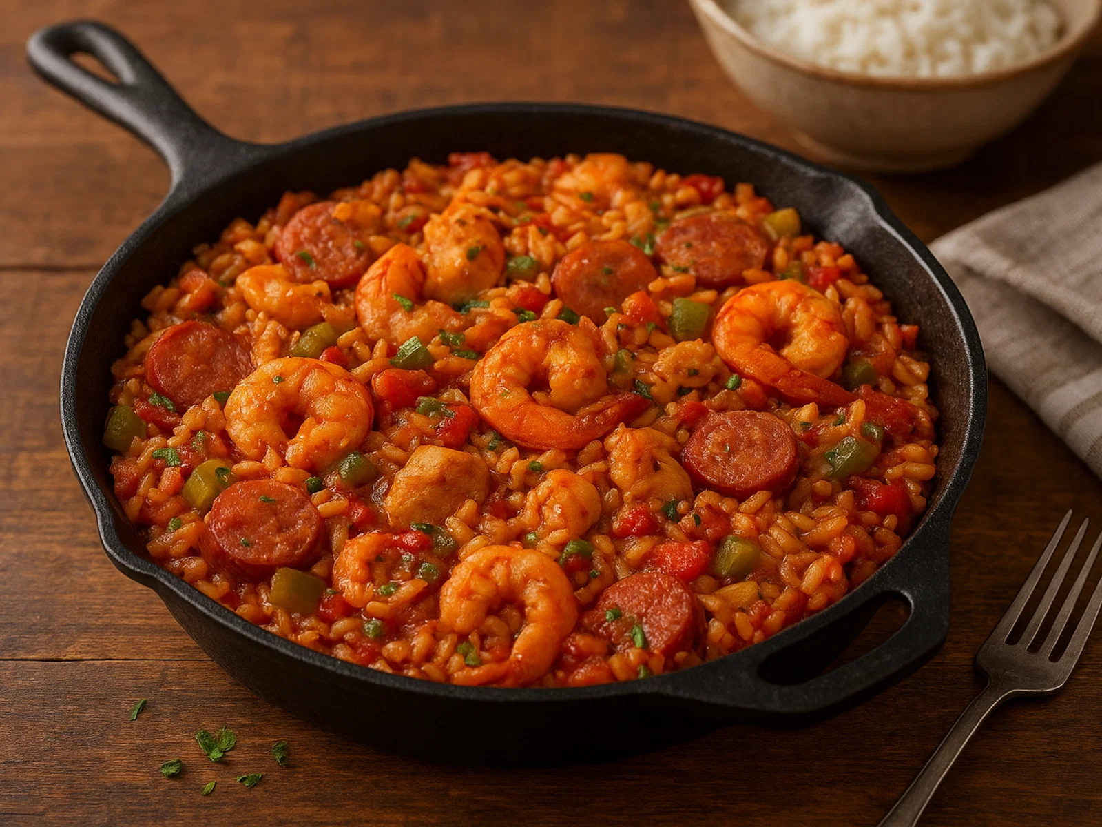 Kreolische Jambalaya mit Hähnchen, Garnelen und Wurst