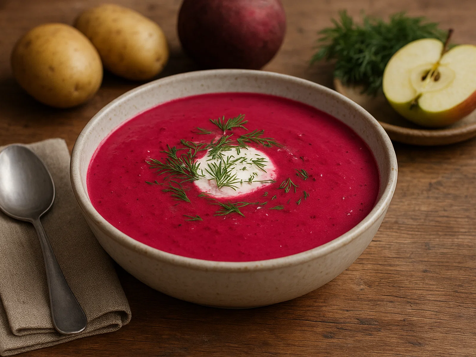 Cremige Rote-Bete-Suppe mit Apfel, Kartoffel und Dill