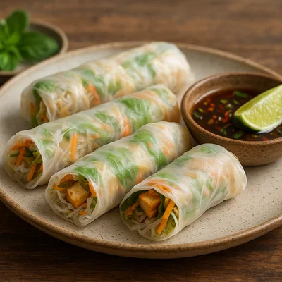 Gedämpfte Reispapierrollen mit Gemüse-Tofu-Füllung und würzigem Dip