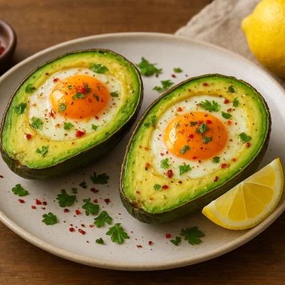 Gebackene Eier in Avocado mit Zitrone und Chili